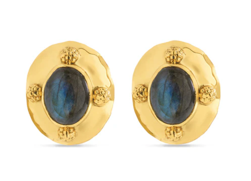 Cleopatra Oval Earrings in Hammered Gold/Blue Labradorite