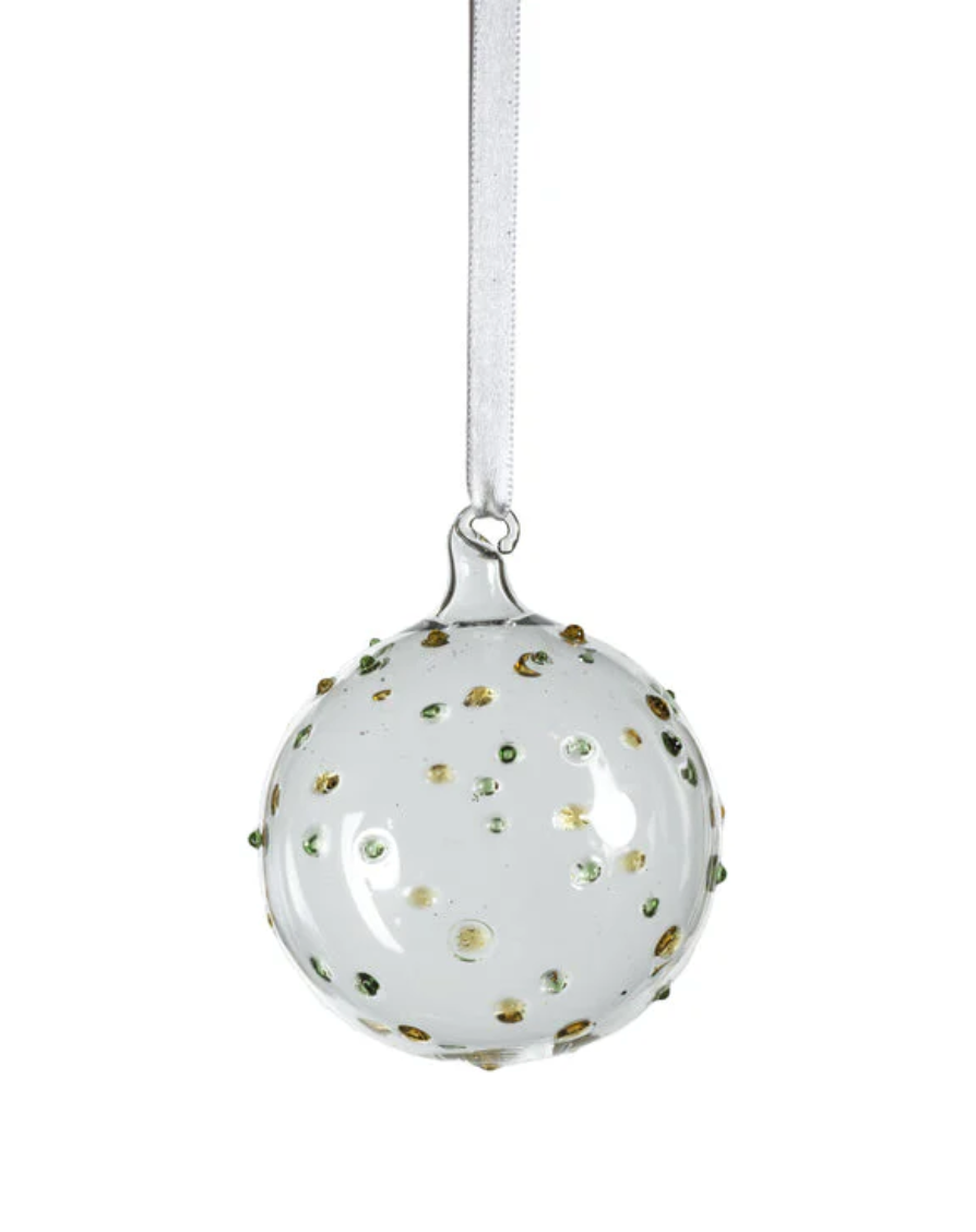 Clear glass ball ornament w/ colored glass dots