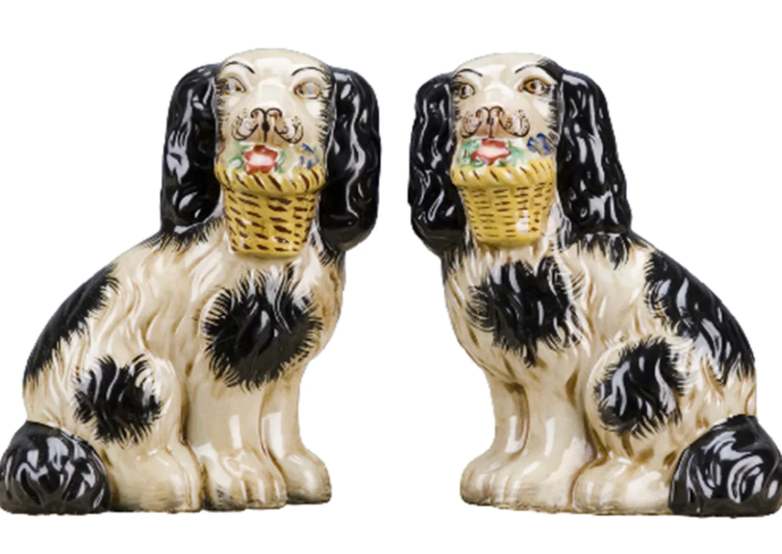 Pair of Staffordshire Dogs with flower baskets