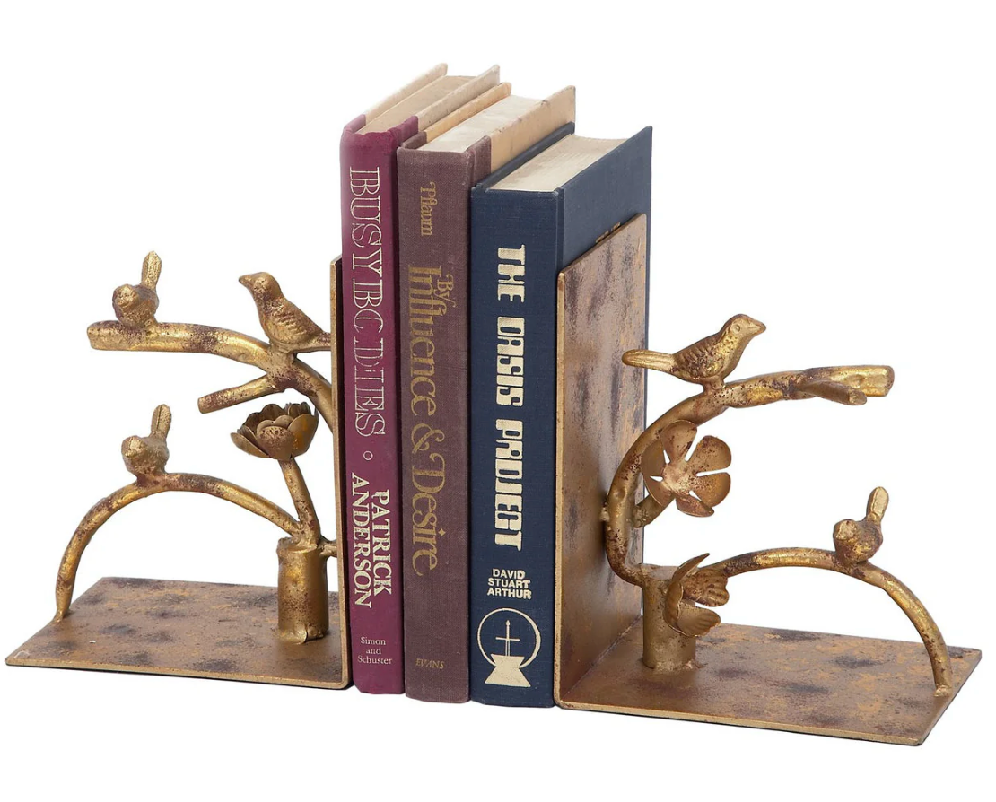 Nesting Bird Antiqued Gold Bookend Set