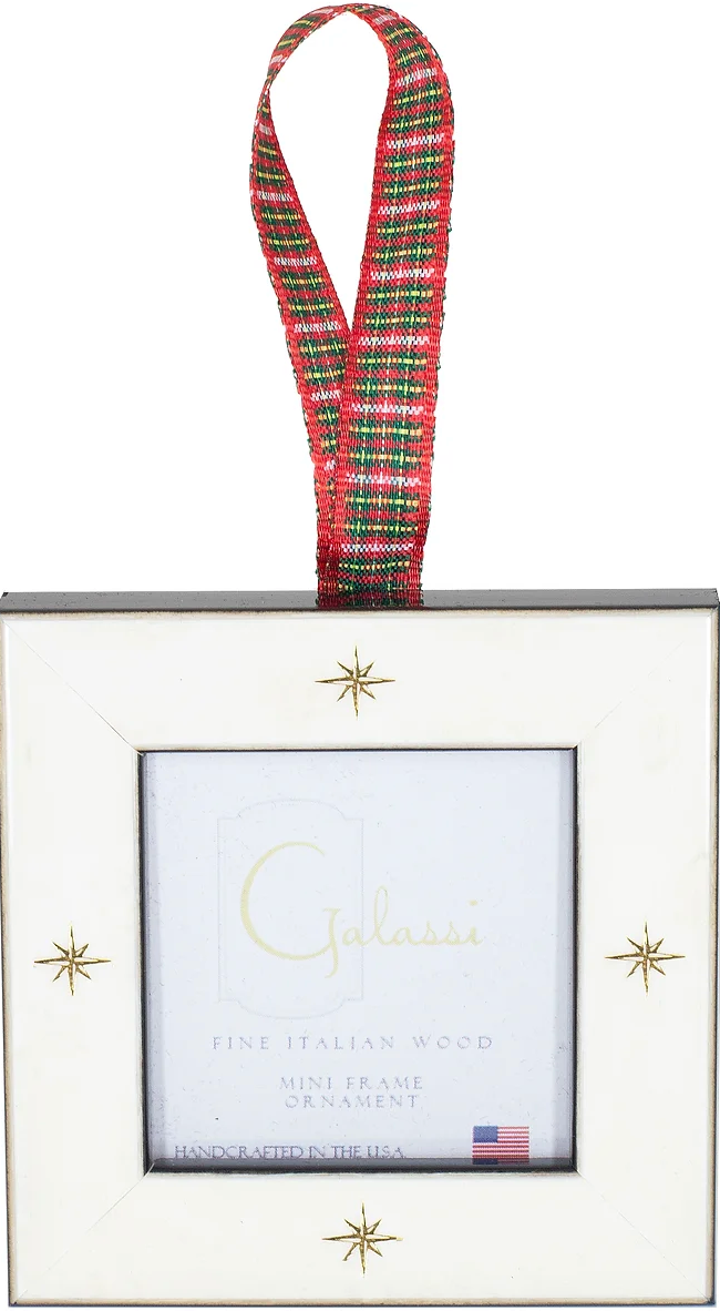 Galassi ornament - White Burl, Gold Star, Plaid Ribbon