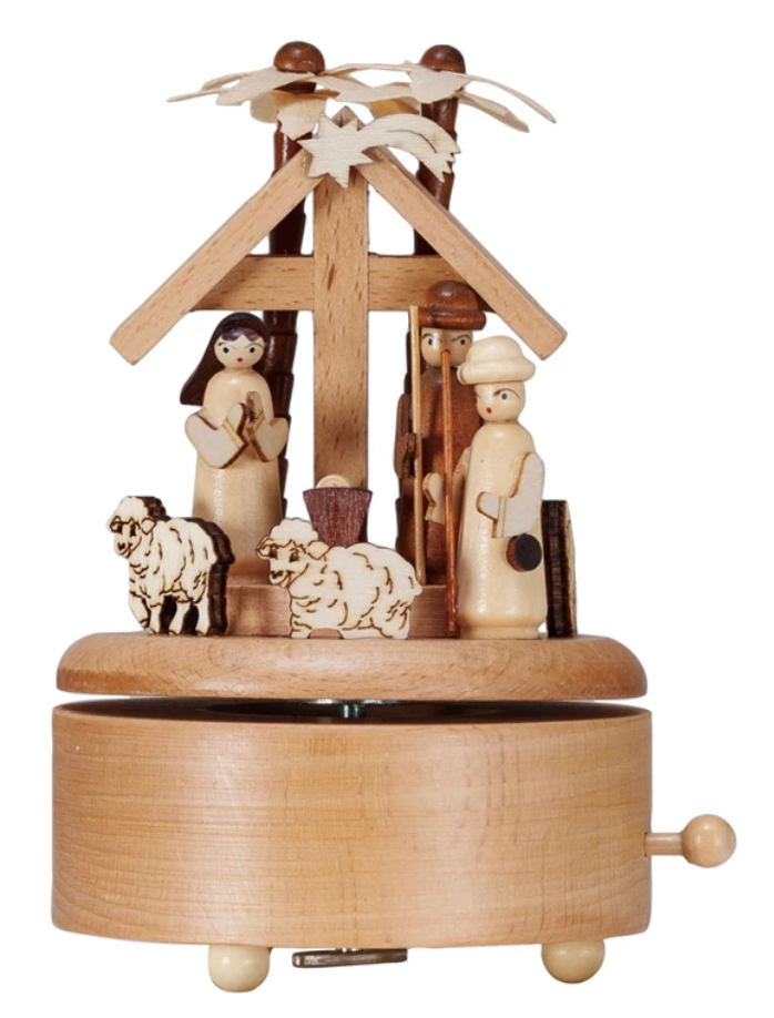 Wood Wind-Up Nativity Music Box, Plays "Oh Christmas Tree"