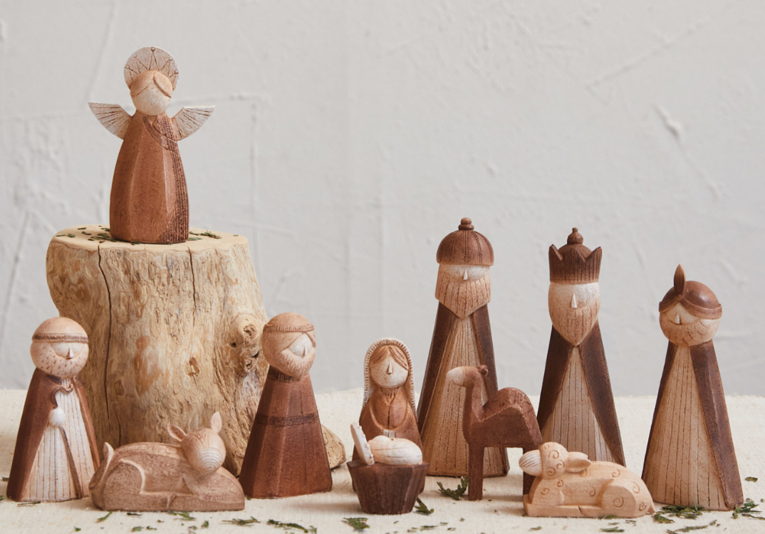 Resin Nativity, Wood Finish, Boxed Set of 11
