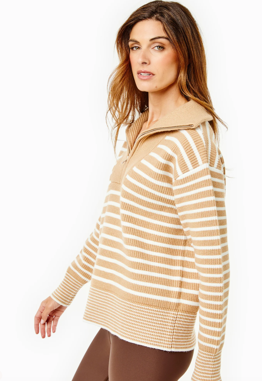 Griffin Quarter Zip - Latte/Off White Stripe