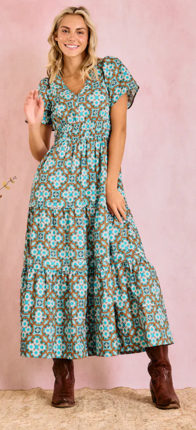 Poppy Deep V Dress - Quatrefoil Brown