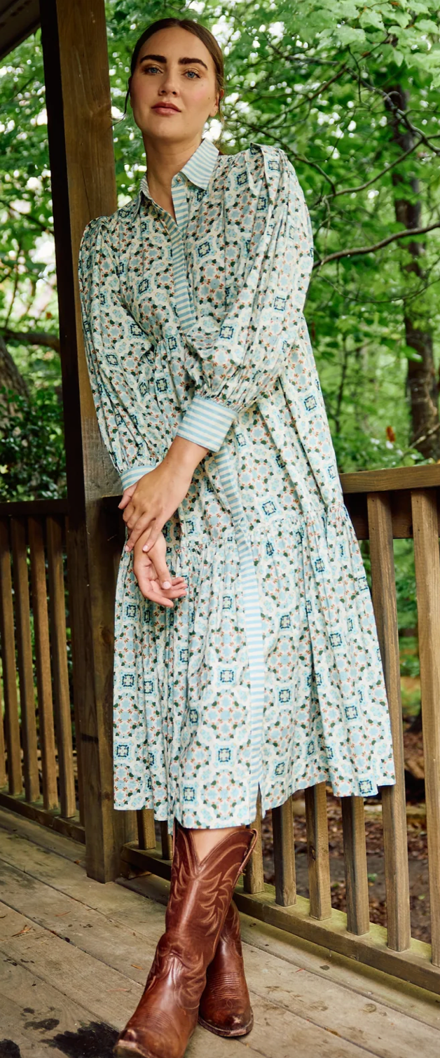 Laura Long Sleeve Dress - Quatrefoil Blue & Ivory