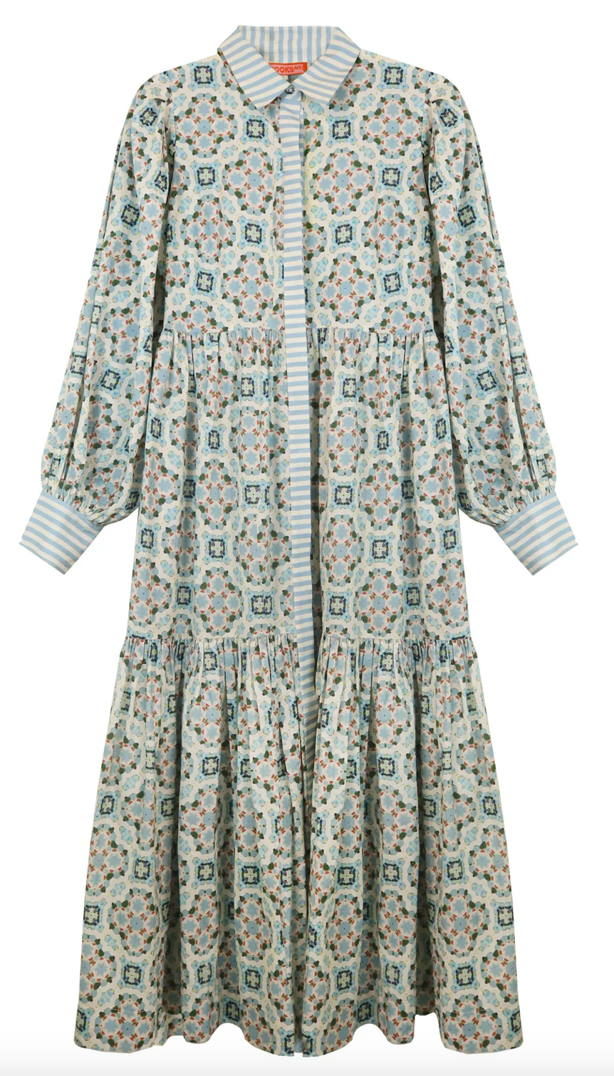 Laura Long Sleeve Dress - Quatrefoil Blue & Ivory