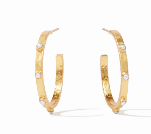 Crescent Stone Hoop Earrings- Pearl