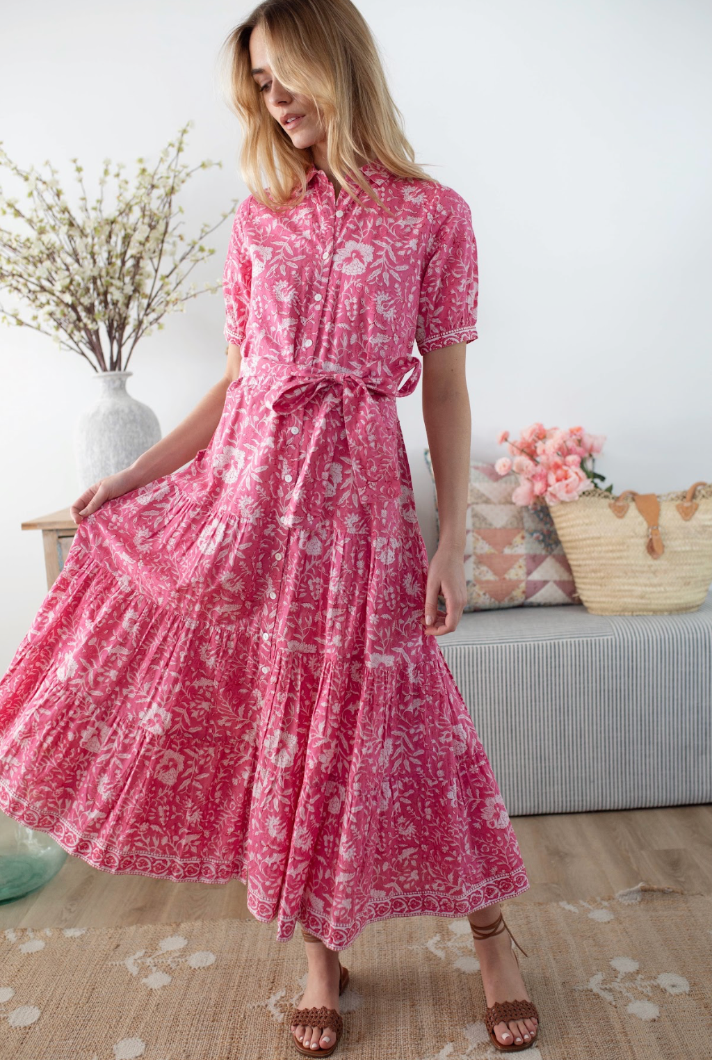 Short Sleeve Shirt Dress - Cherry Blossom
