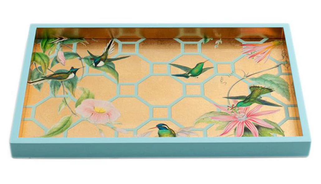 Hummingbird Trellis Lacquer Vanity Tray in Gold