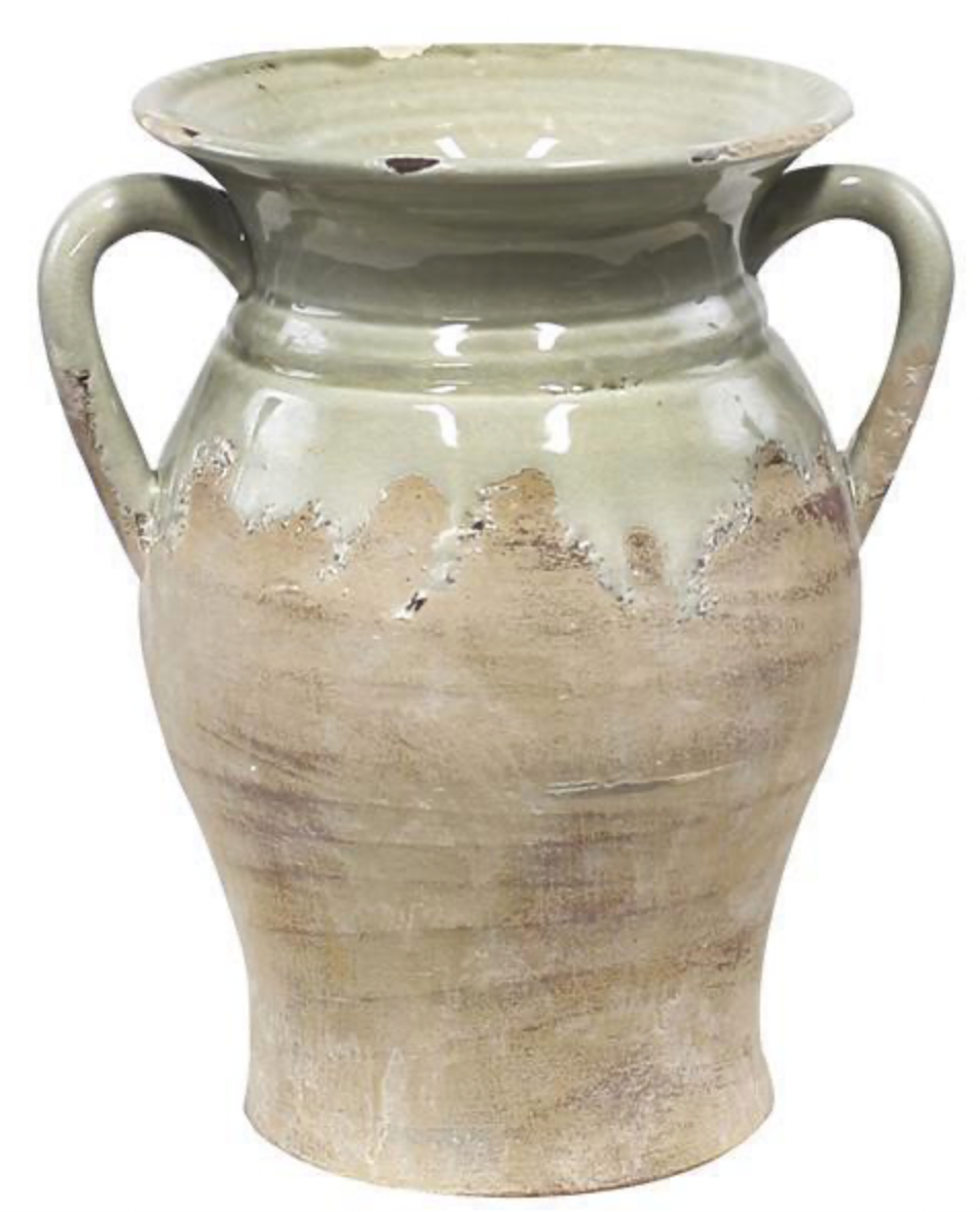 10" Celadon Green and Tan Glaze Hand Thrown Round Vase with Ear Handles