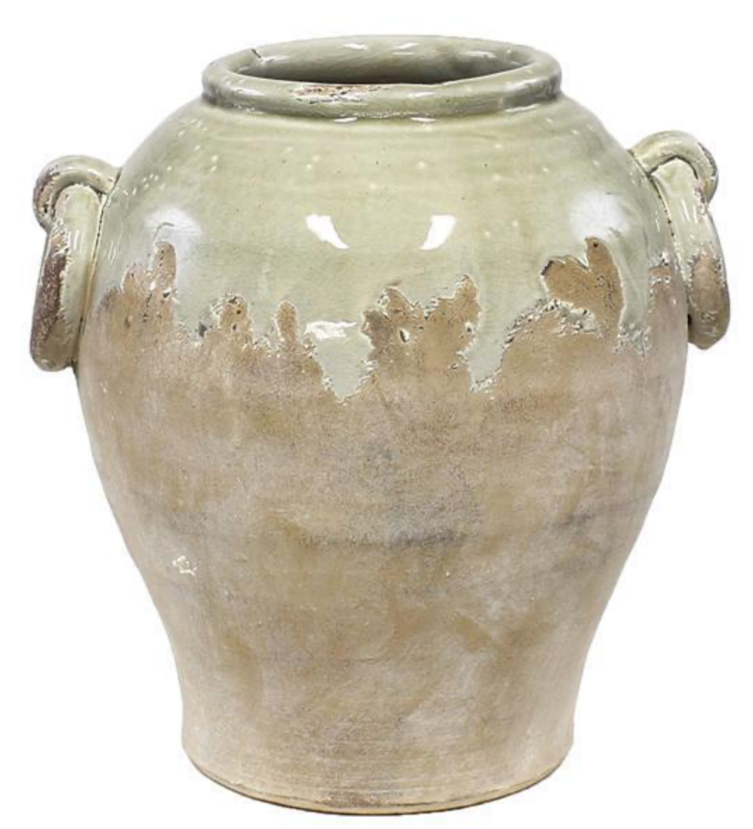 10.25" Celadon Green and Tan Glaze Hand Thrown Round Jar with Handles