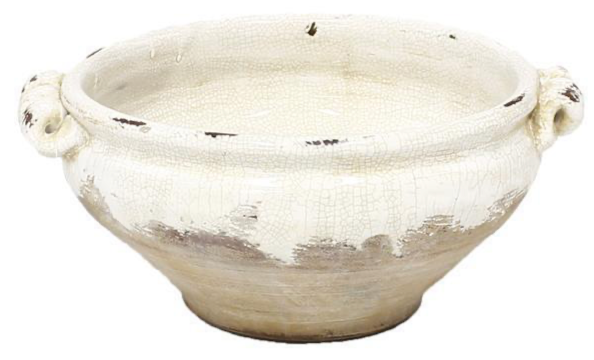 12" White Crackle and Tan Glaze Hand Thrown Bowl with Curled Handles