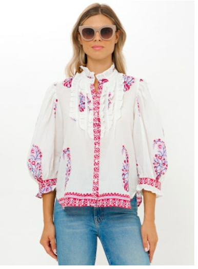 Oliphant Ruffle Front Button Blouse- Verna Red