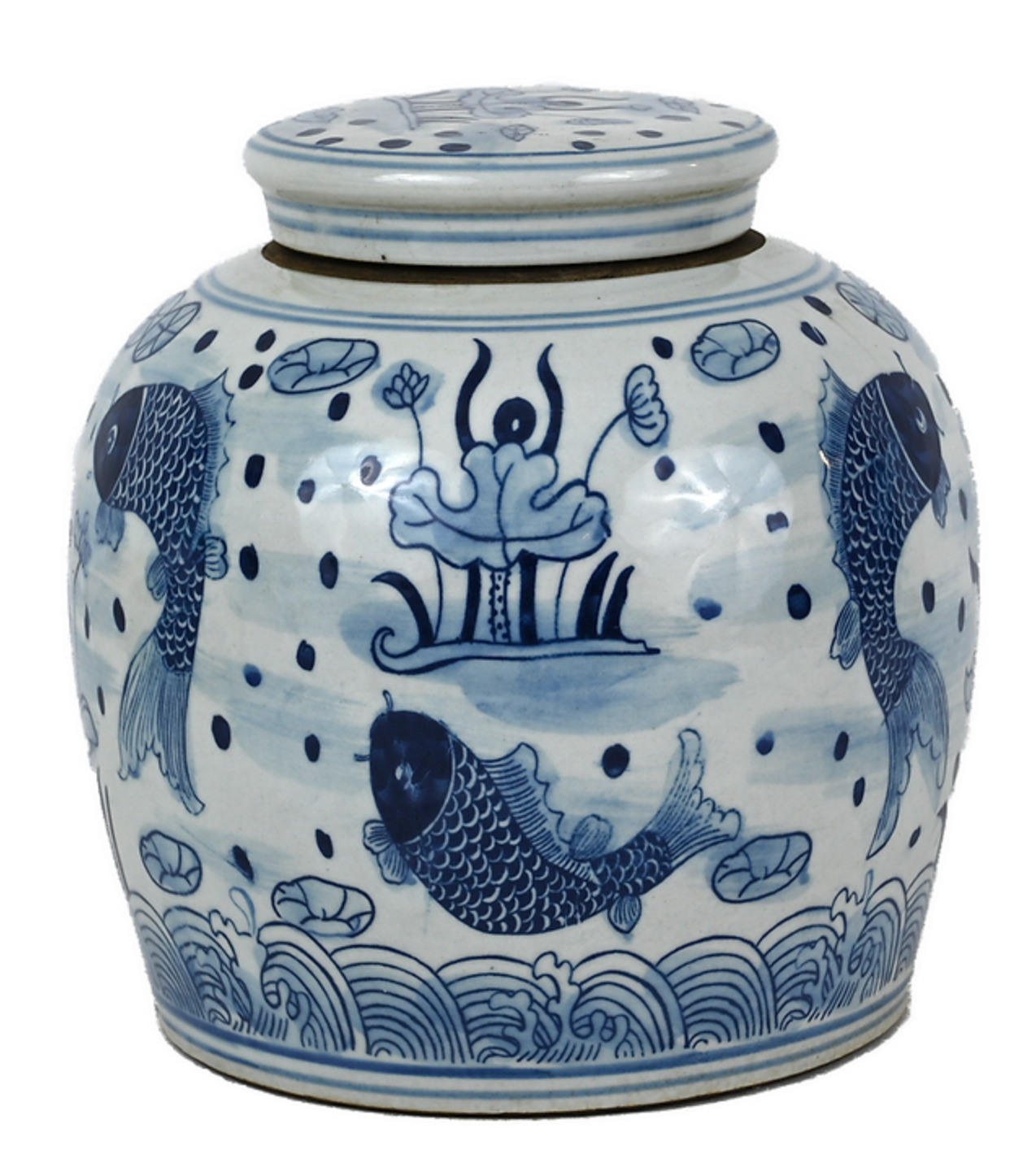 Porcelain b/w medium lidded round jar w/fish