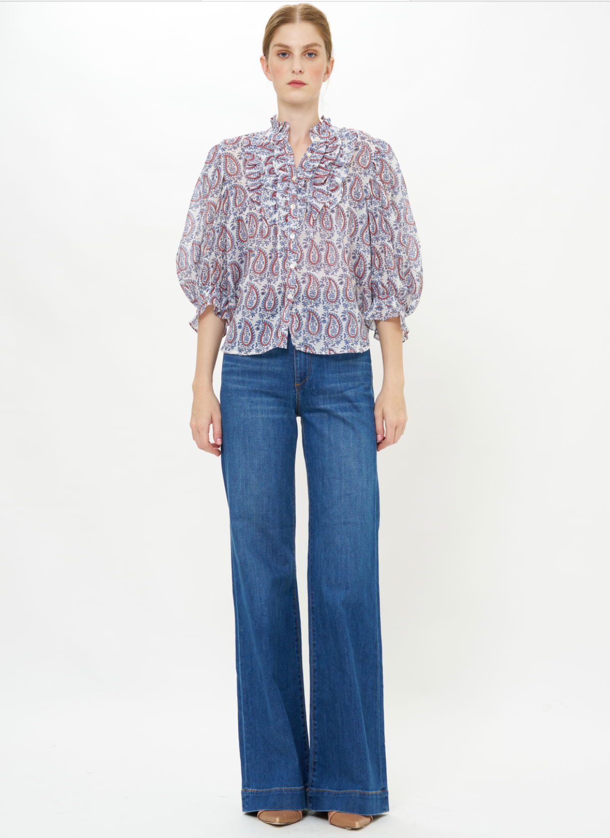 Oliphant Ruffle Front Button Blouse- Kochi Blue