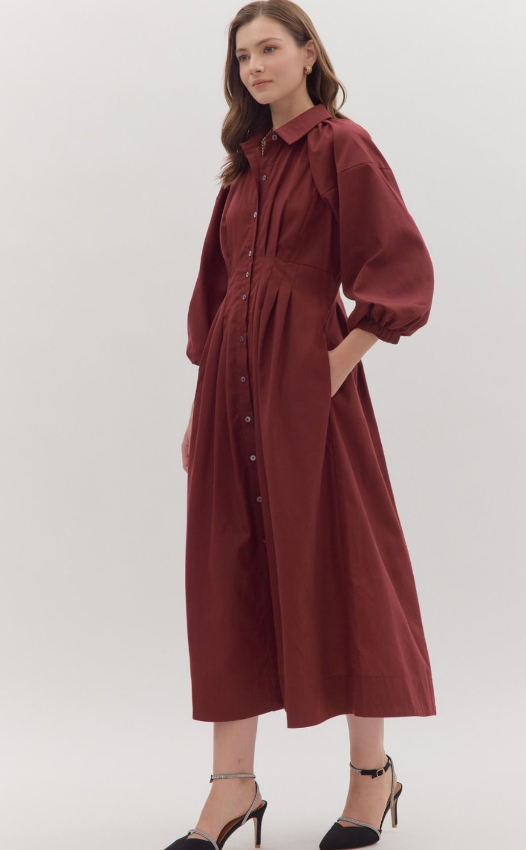 Garnet Solid long sleeve Midi dress