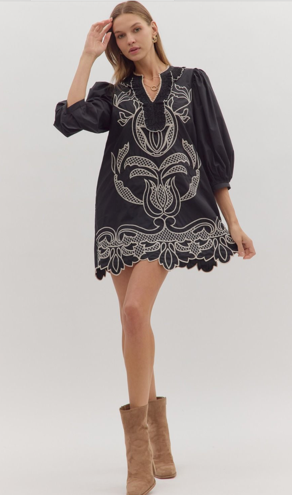 Black puff half sleeve mini dress