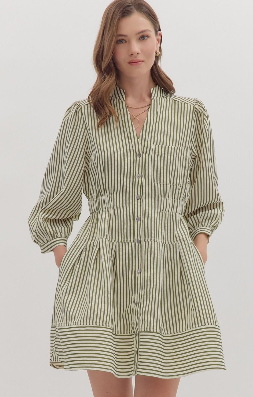 Green and White Striped Long Sleeve Dress