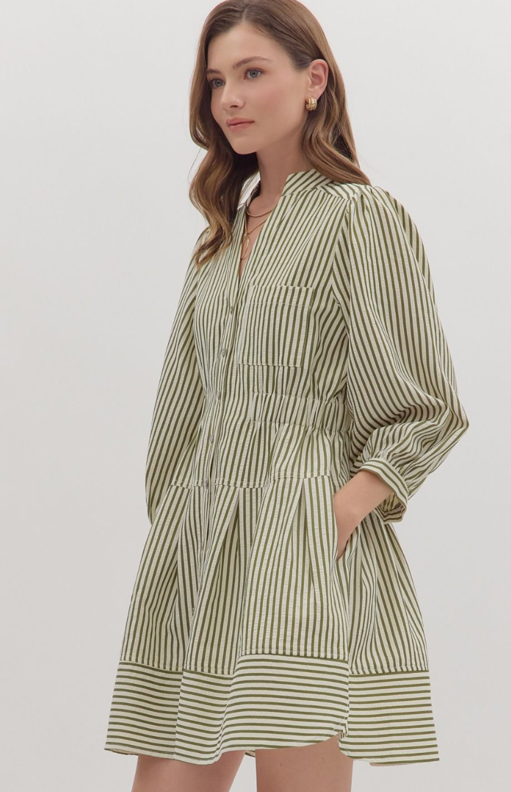 Green and White Striped Long Sleeve Dress