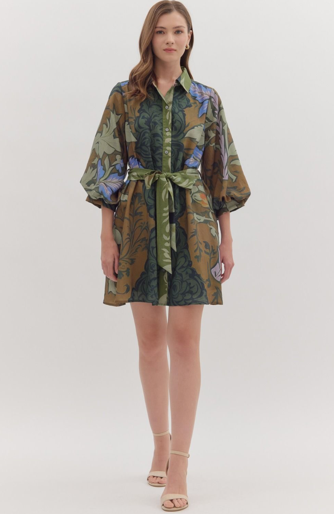 Botanical print long sleeve mini dress