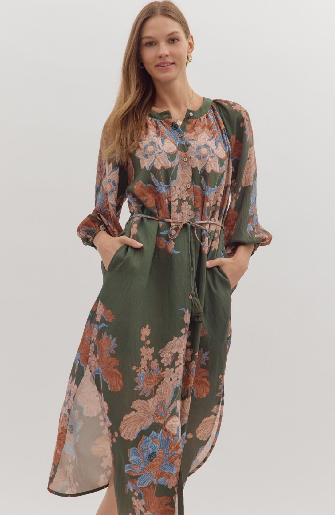 Floral print long sleeve midi dress