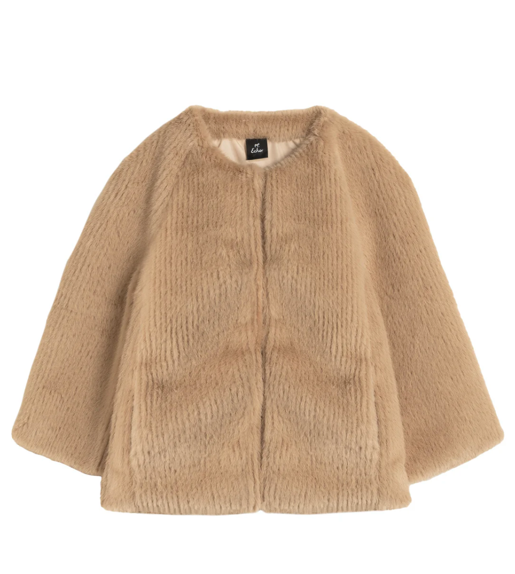 Collarless Fur Jacket With Raglan Sleeves