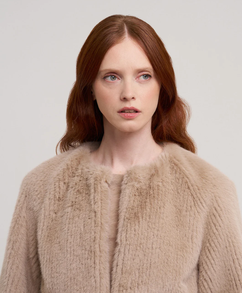 Collarless Fur Jacket With Raglan Sleeves