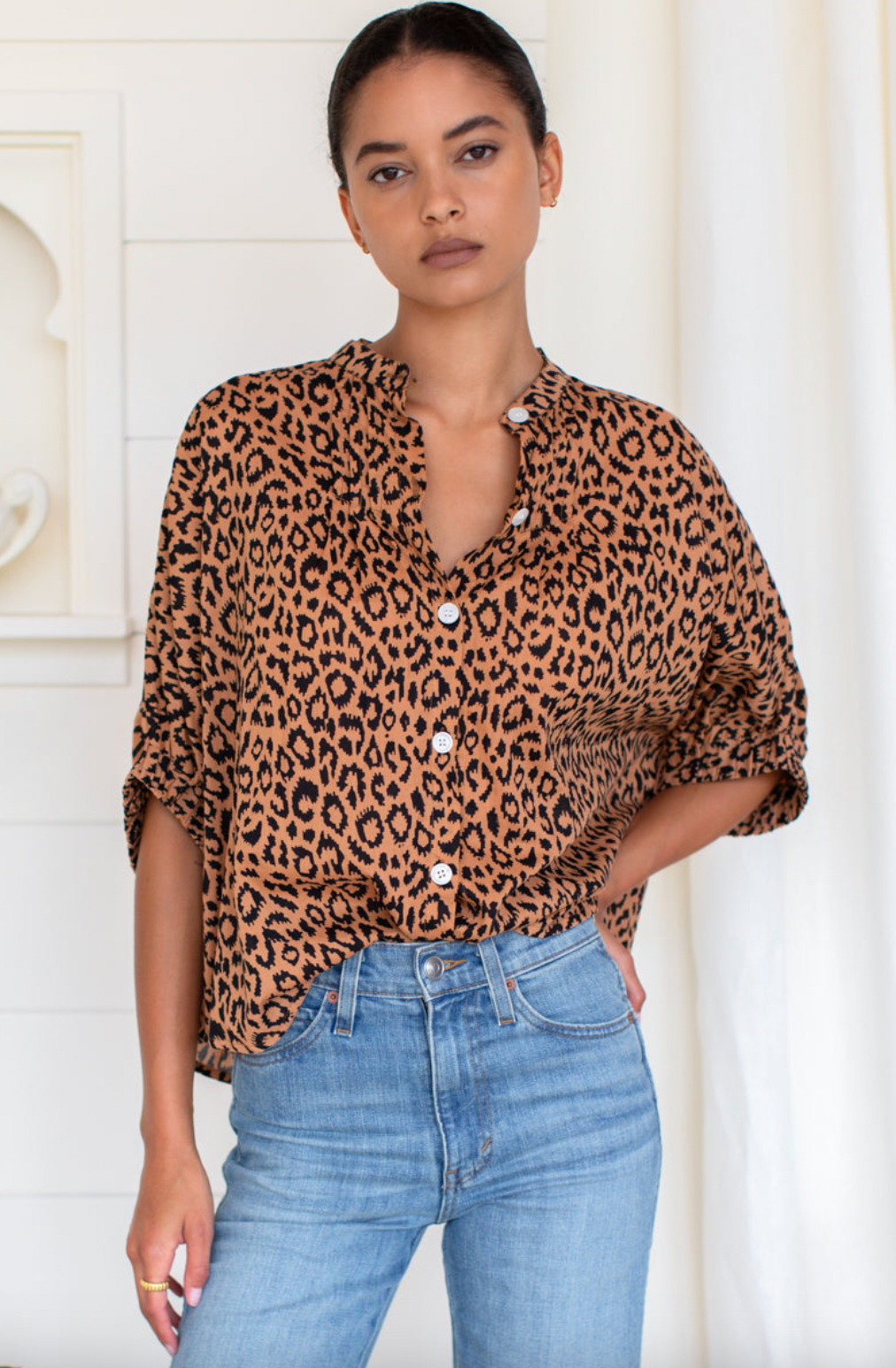 Emerson Fry Mandarin Collar Top- Vintage Leopard Organic OS
