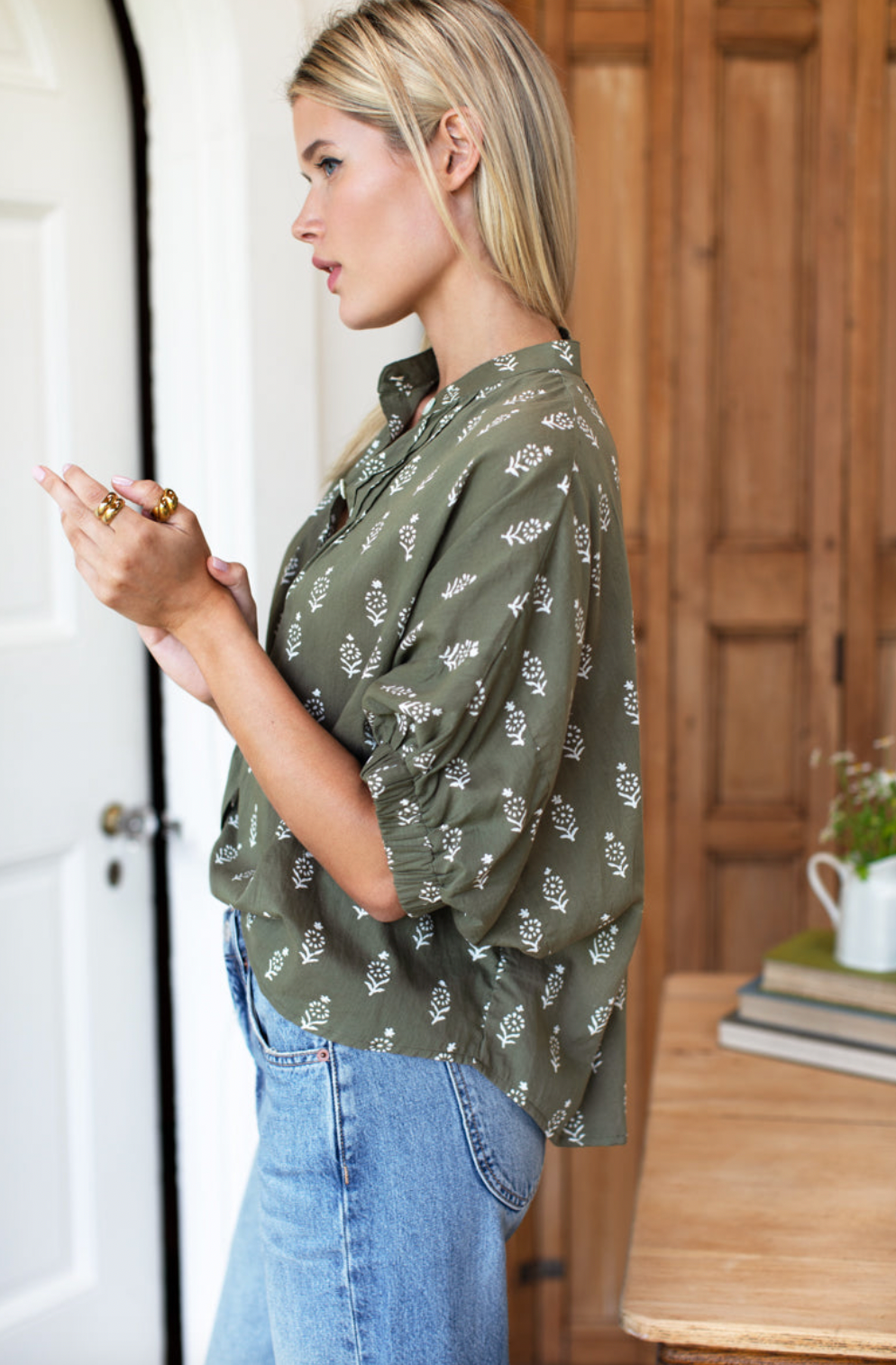 Emerson Fry Mandarin Collar Top- Marguerite 2 Gothic Olive OrganicOS