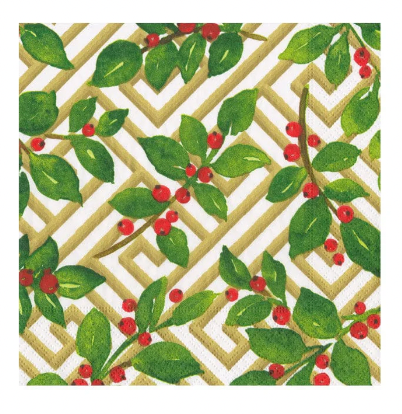 Holly and Fretwork White Cocktail Napkin