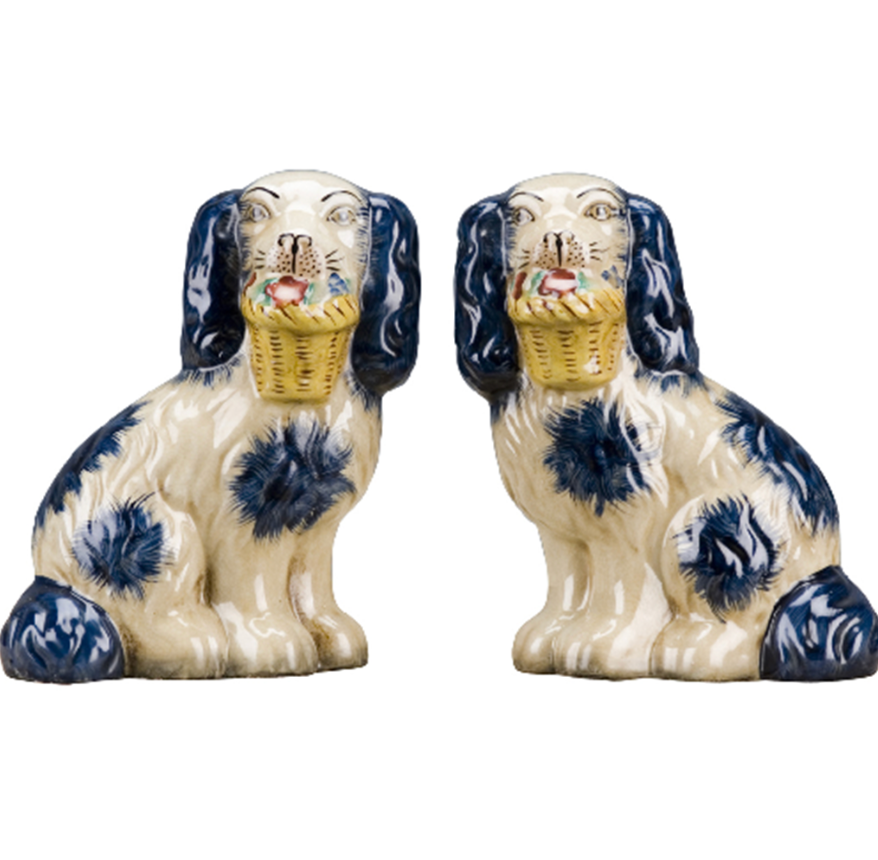 Flower Basket Blue and White Dogs Pair