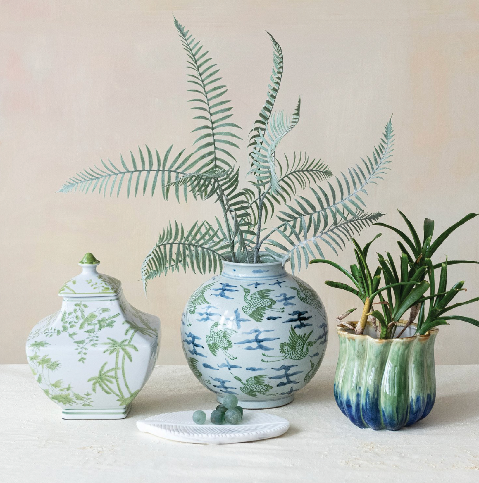 Hand-Painted Stoneware Jar with Botanicals