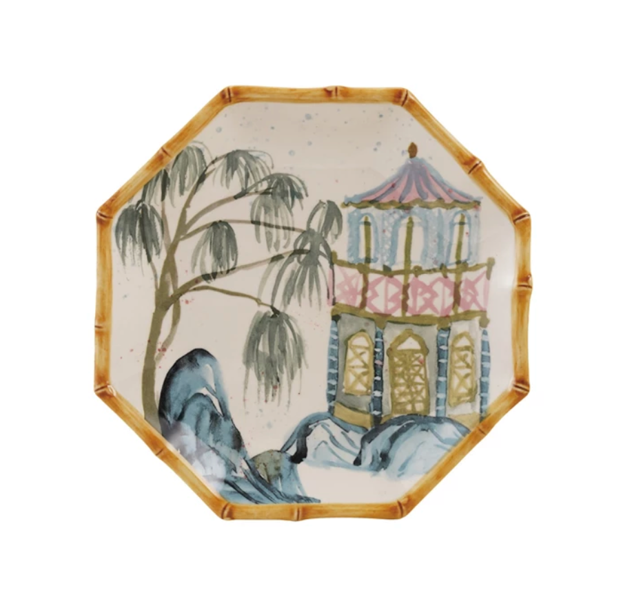 Hand-Painted Stoneware Octagon Shaped Plate with House