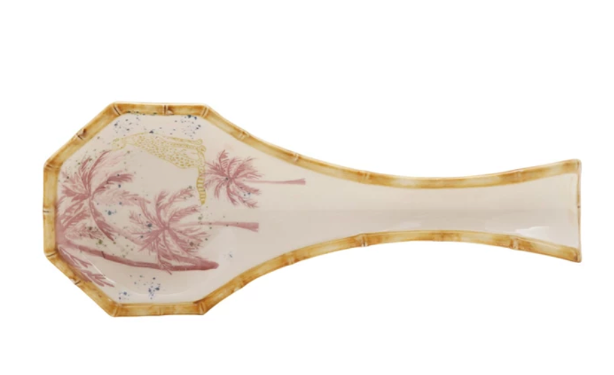 Hand-Painted Stoneware Spoon Rest with Palm Trees