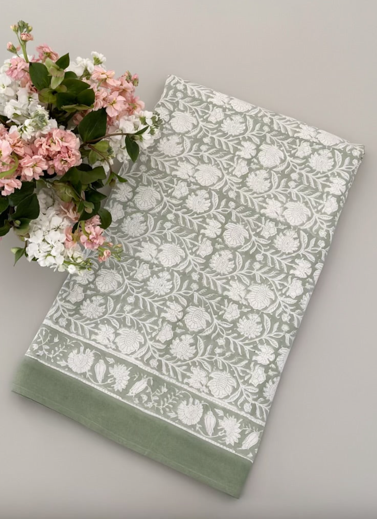 Light green print tablecloth