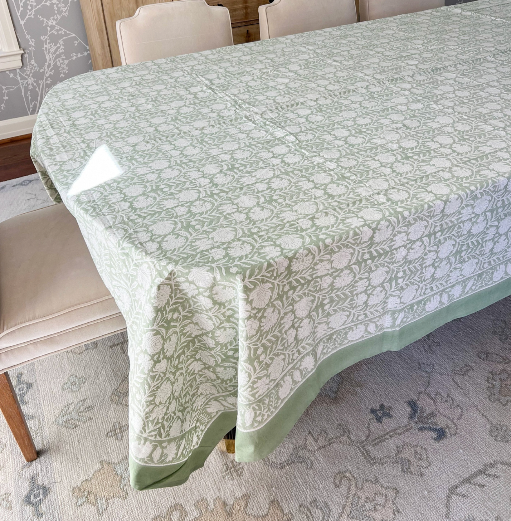 Light green print tablecloth