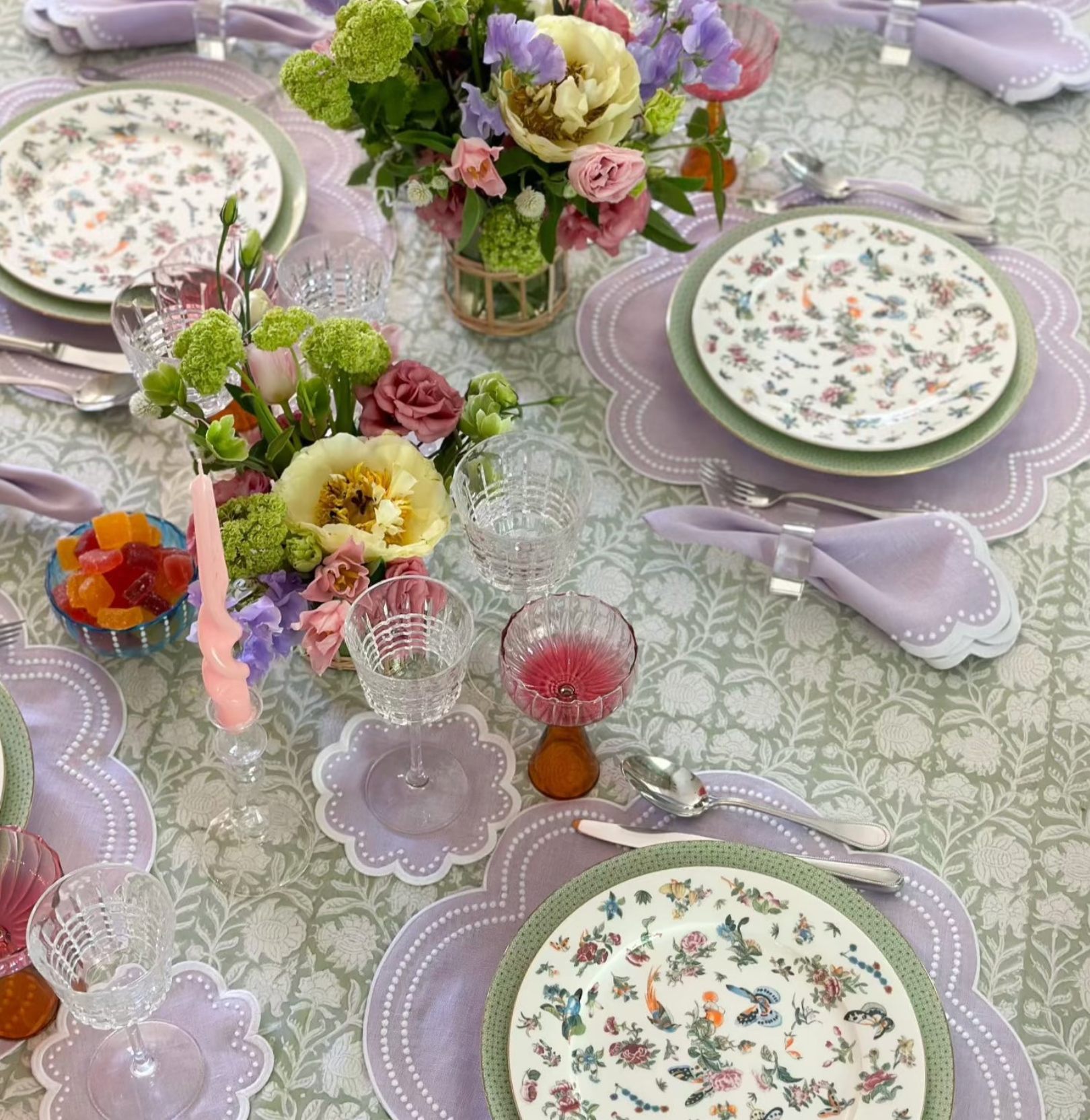 Light green print tablecloth