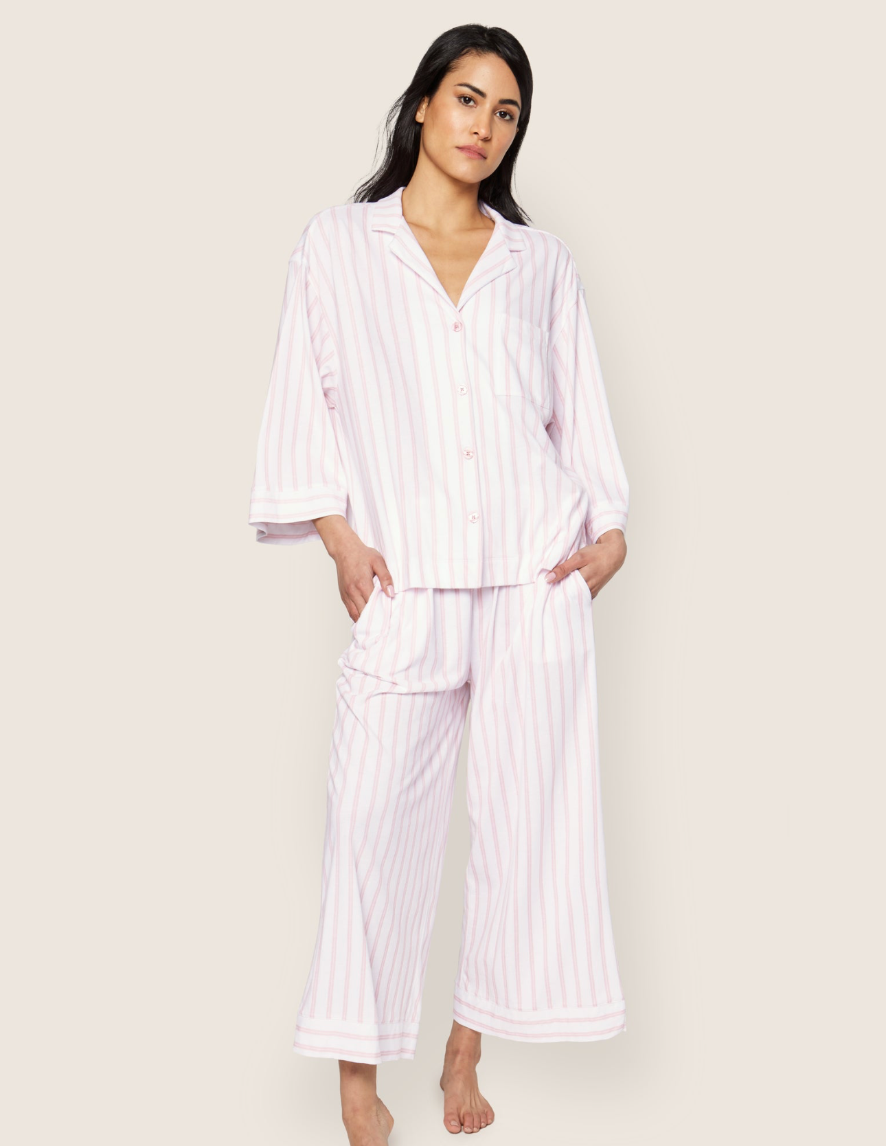 The Olivia Wide Leg Pima Pajama Set in Pink Stripe