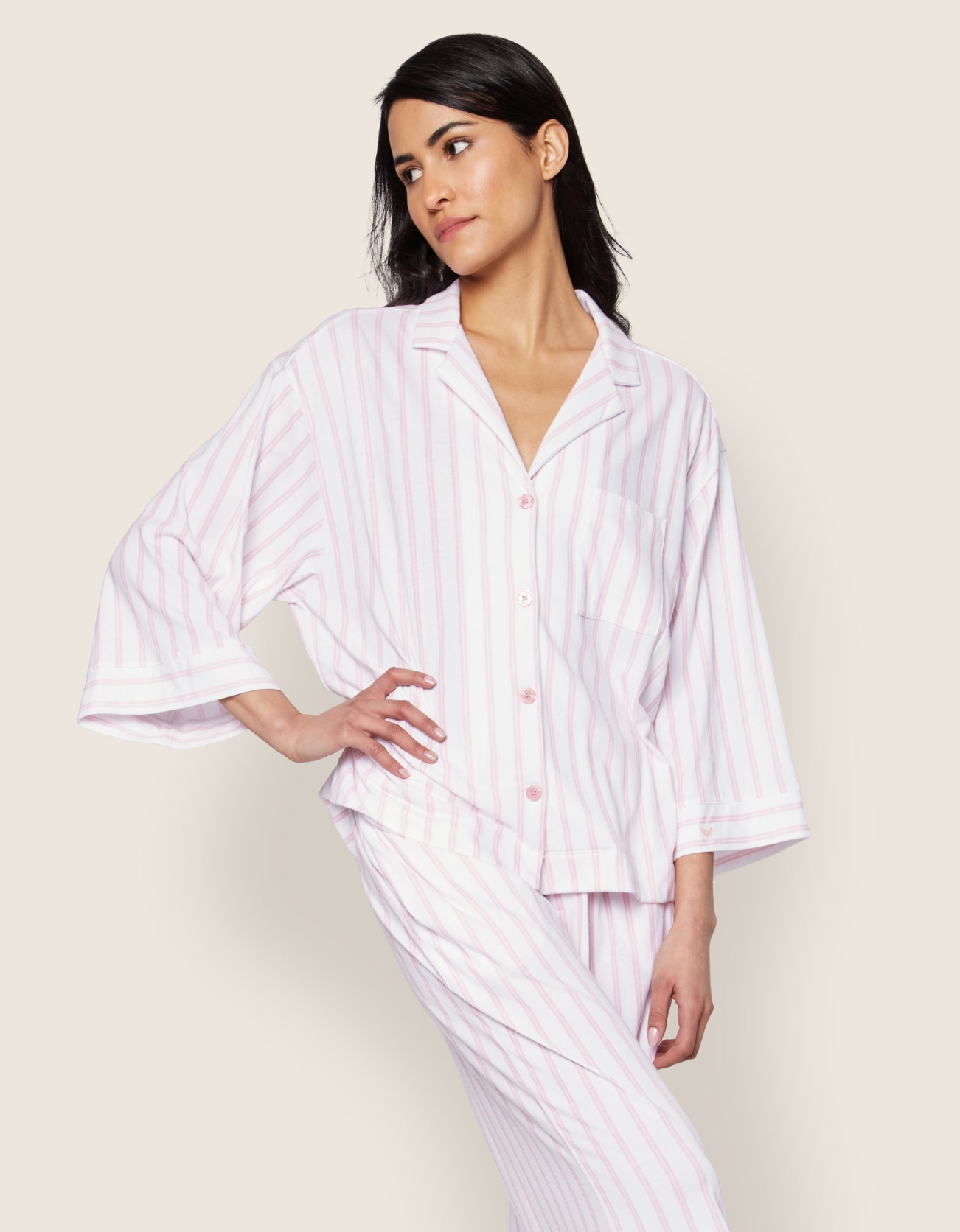 The Olivia Wide Leg Pima Pajama Set in Pink Stripe