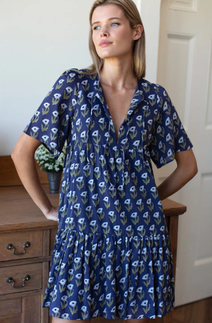 Isla Dress- Pressed Poppies Blue Indigo