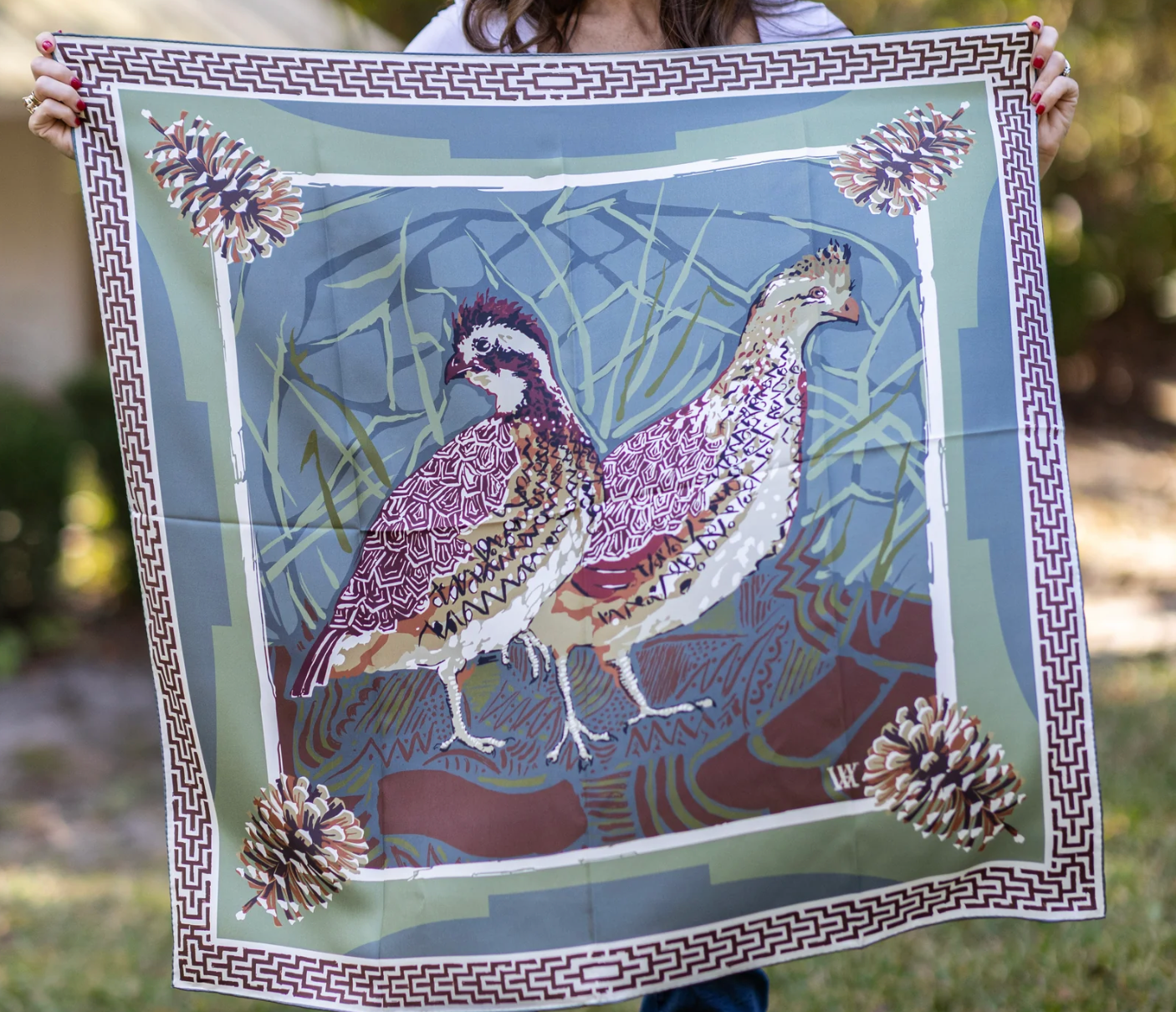 Slate Quail Pair - Double-Sided Silk Scarf