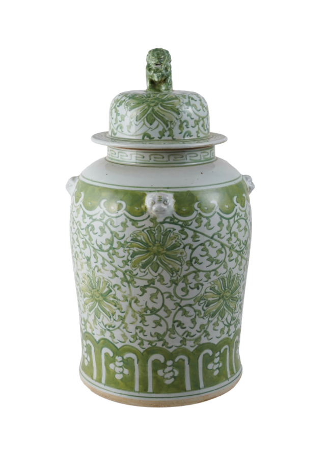Stoneware Green Ginger Jar w/ Floral Pattern & Foo Dog