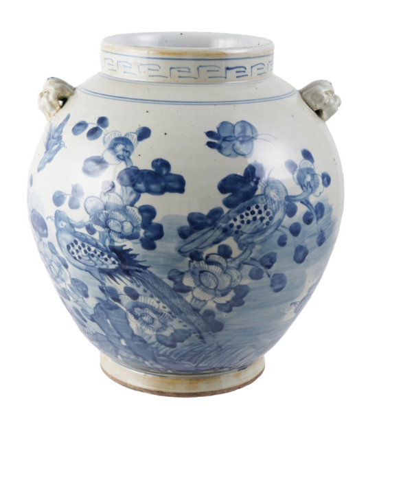 Hand Painted Blue and White Stoneware Cachepot w/ floral pattern