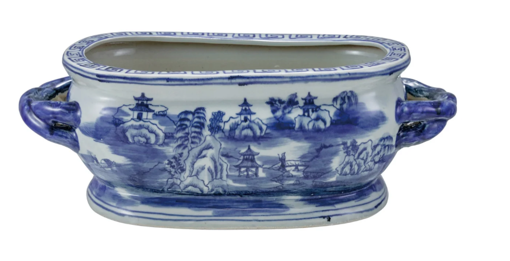 Oval Hand Painted Blue and White Planter w/ Landscape