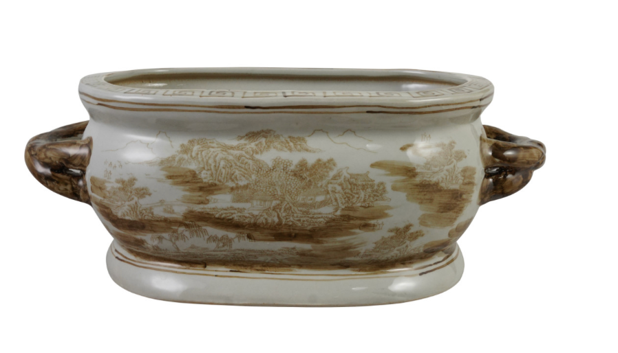 Brown Hand Painted Stoneware Planter w/ Landscape