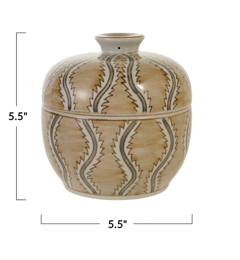Tan Hand Painted Stoneware Jar w/ Design