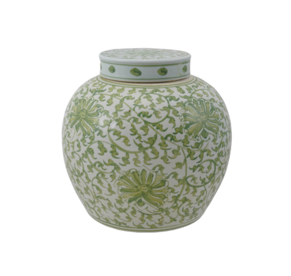 Stoneware Small Green Ginger Jar w/ Floral Pattern