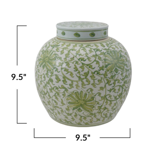 Stoneware Small Green Ginger Jar w/ Floral Pattern