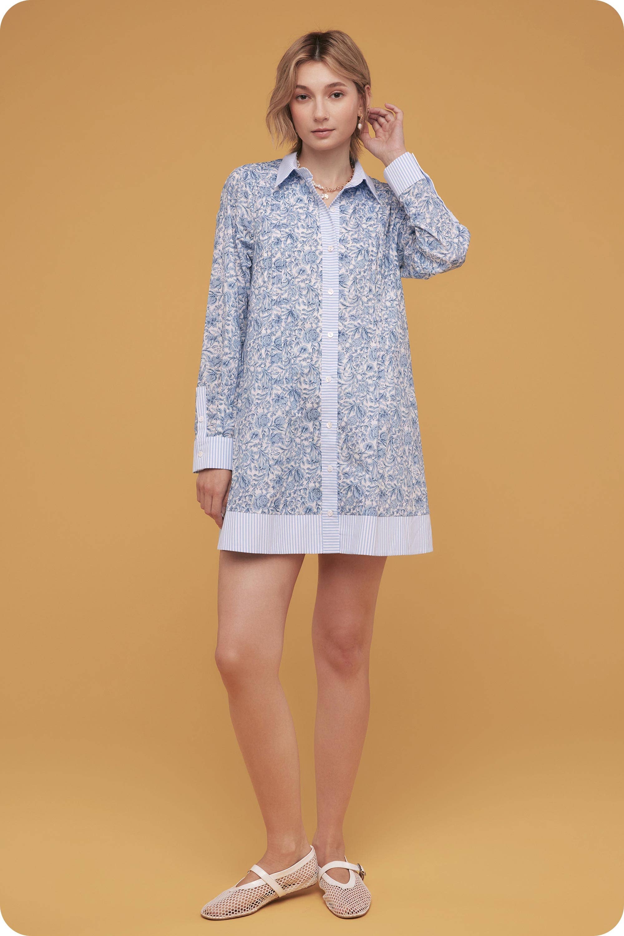 Floral Print Stripe Contrast Shirt Mini Dress